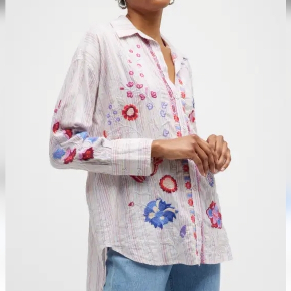 Johnny Was Piper Embroidered Striped Shirt Size 2X Relaxed Floral Button Up - Picture 3 of 15